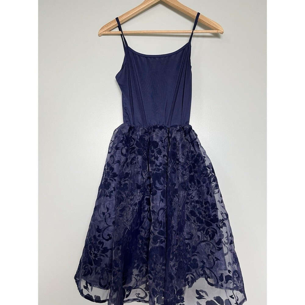 NWOT Women Navy Blue Tulle Party Dress S/XS Floral Velvet Overlay Holiday‎
